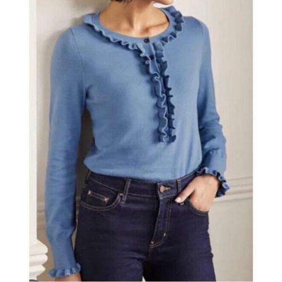 Boden Sweater Lara Frill Henley Ruffle Blue Women's Sz 8  Wool Cotton Blend - Picture 1 of 7